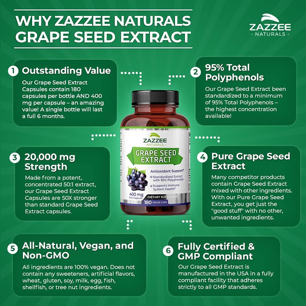 Zazzee High Strength Grape Seed 50:1 Extract, 180 Vegan Capsules, 95% Polyphenols, 400 mg per Capsule, 6 Month Supply, Standardized and Concentrated 50X Extract, Non-GMO, Made in The USA