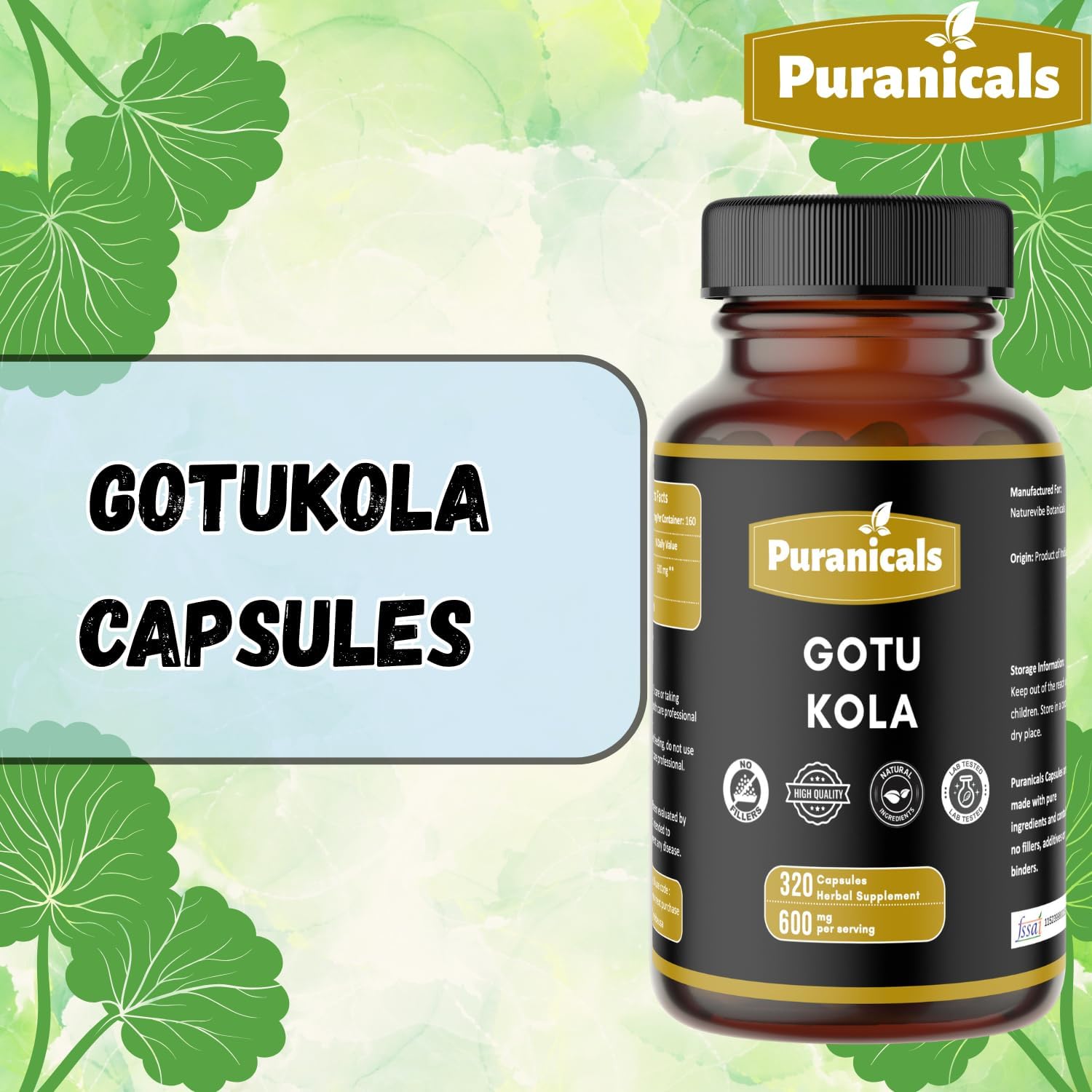 Gotu Kola Premium 320 Capsules Non GMO and Gluten Free | Herbal Supplement | 600 mg Per Serving | Made with 100% Pure Gotu Kola Powder