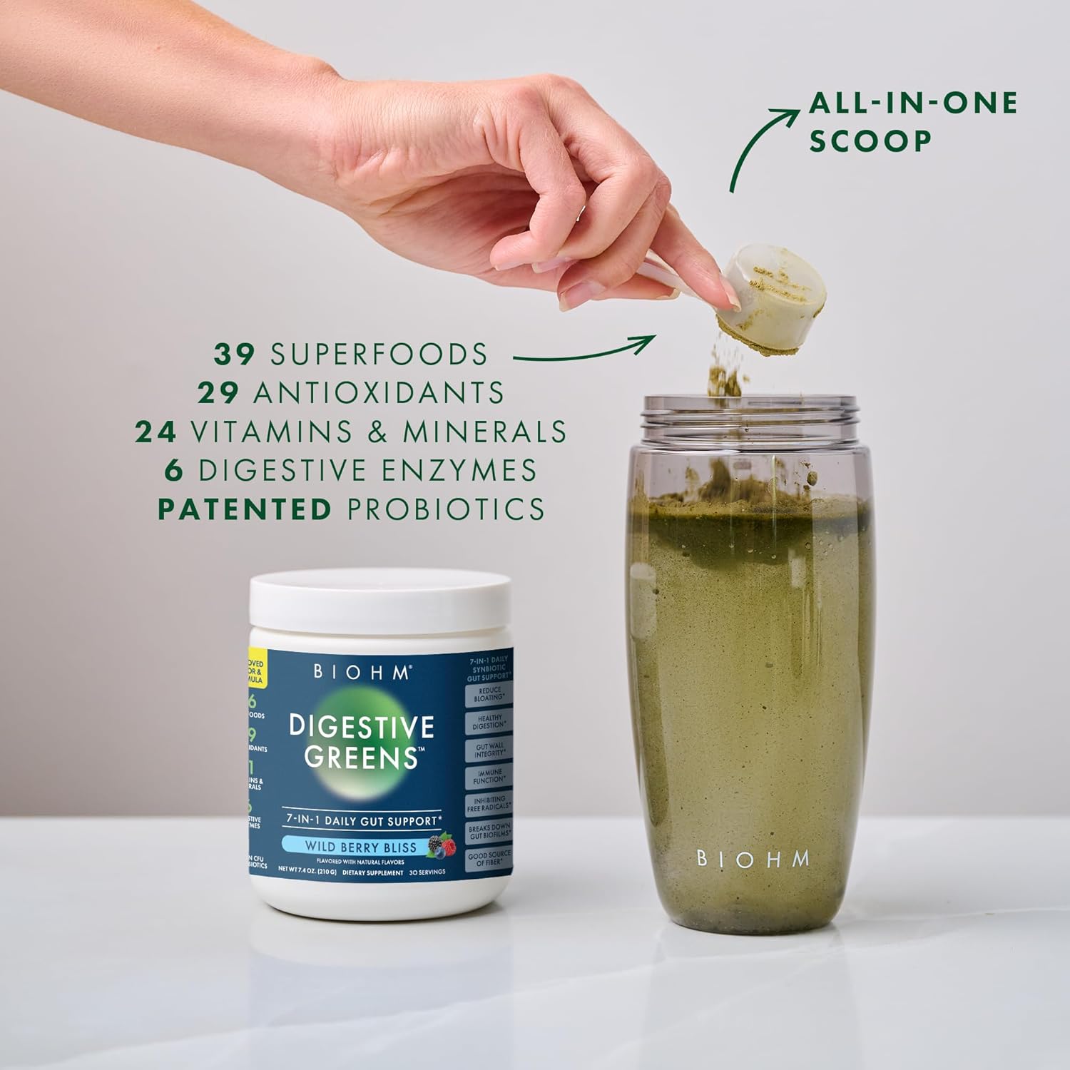 BIOHM Digestive Greens, Green Superfood Powder (7.4 Oz, 30 Servings) Immune & Gut Health Support with Antioxidants, Vitamins, Probiotics & Enzymes, Good Source of Fiber, Berry Flavor
