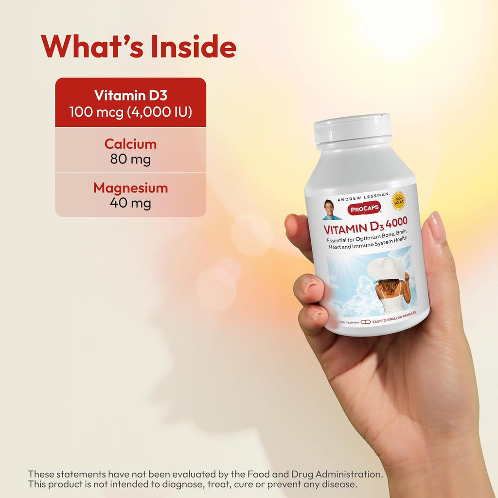 ANDREW LESSMAN Vitamin D3 4000 IU 180 Capsules - High Potency, Essential for Calcium Absorption, Supports Bone Health, Healthy Muscle Function, Immune System, More. Small Easy to Swallow Capsules