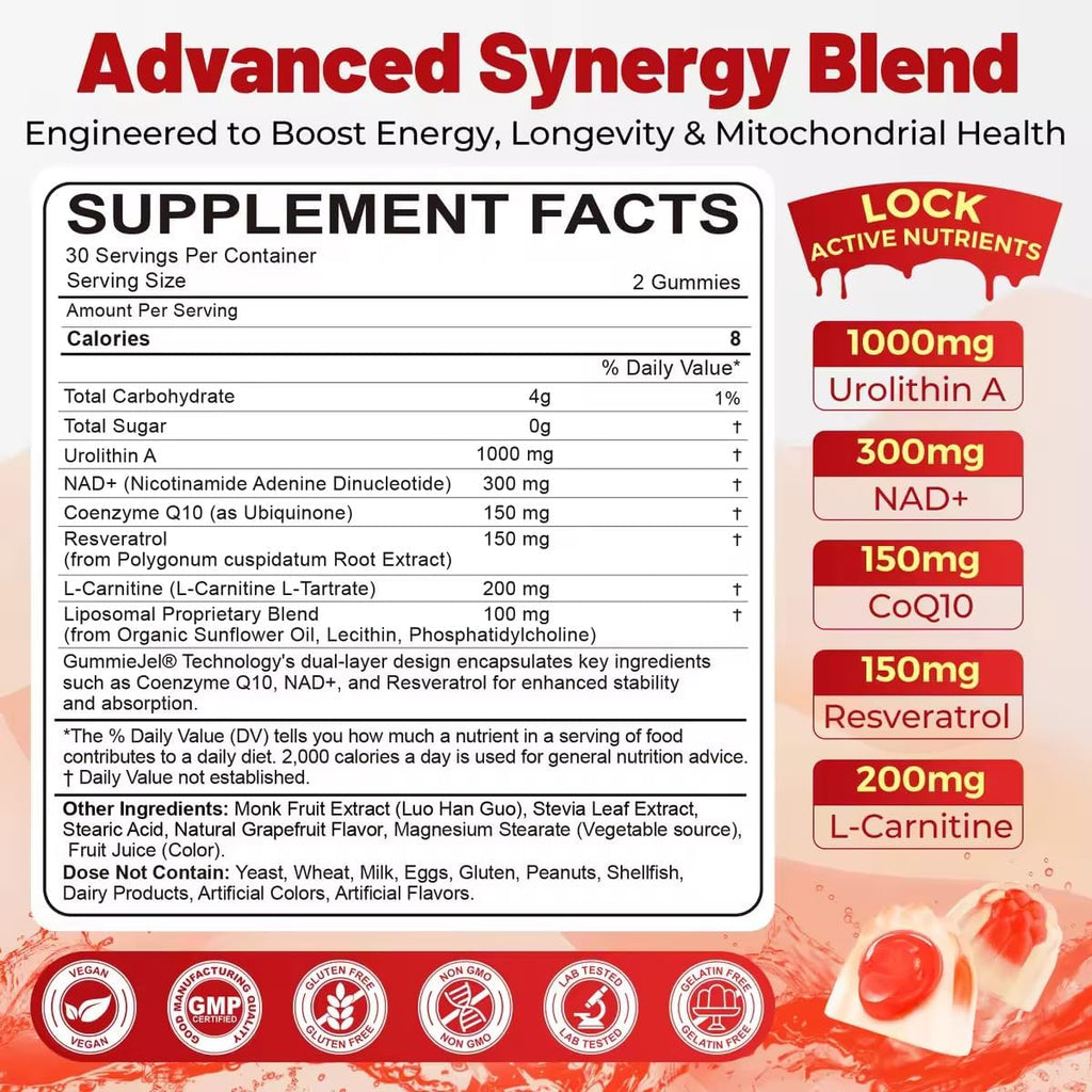 Urolithin A Gummies for Longevity & Muscle Energy, 1000mg Liposomal Urolithin A+ Supplement with NAD+, CoQ10, Resveratrol & L-Carnitine for Cellular, Mitochondrial, Brain & Heart Health, Vegan, 60ct