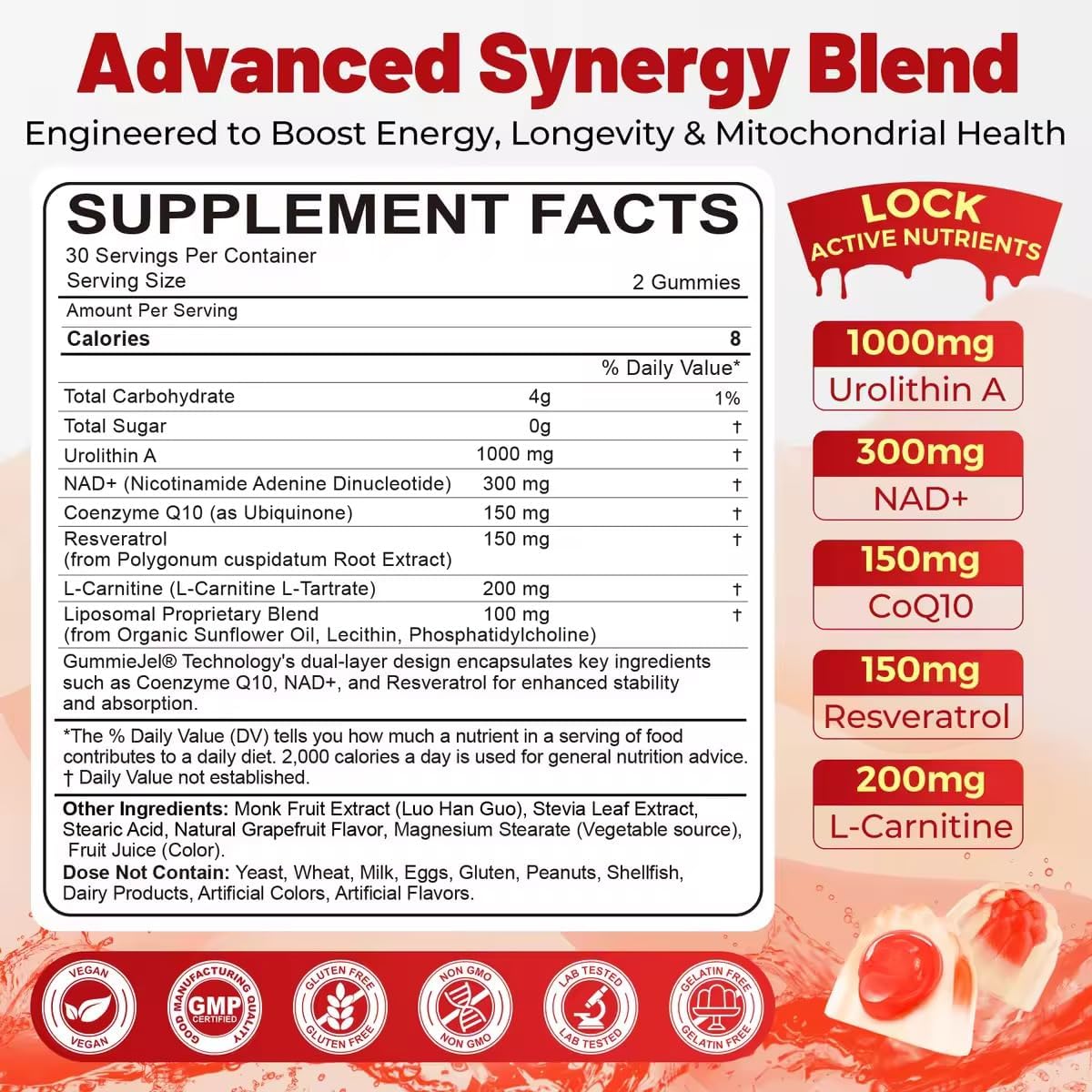 Urolithin A Gummies for Longevity & Muscle Energy, 1000mg Liposomal Urolithin A+ Supplement with NAD+, CoQ10, Resveratrol & L-Carnitine for Cellular, Mitochondrial, Brain & Heart Health, Vegan, 60ct