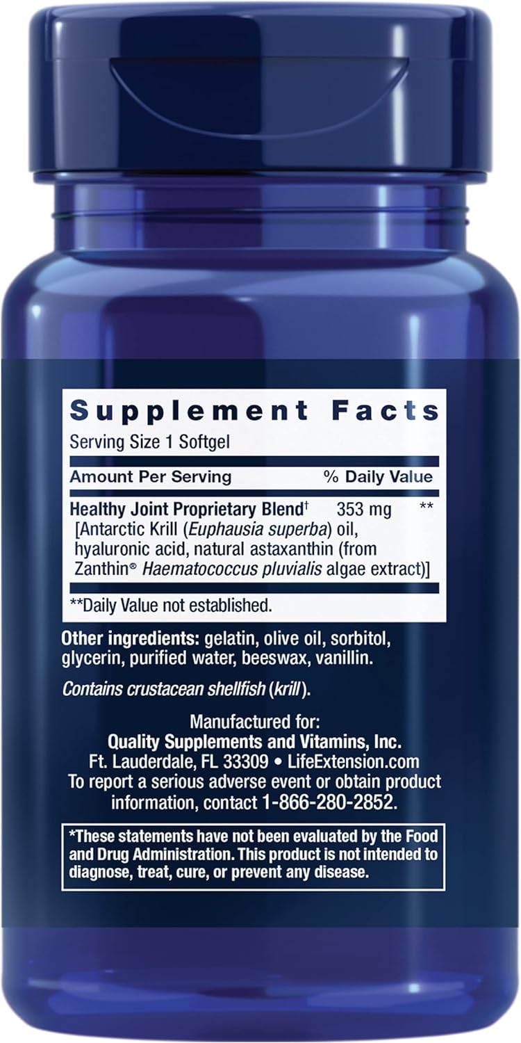 Life Extension Krill Healthy Joint Formula, Krill Oil, hyaluronic Acid, The carotenoid astaxanthin for Healthy Joints, Healthy Body, Gluten-Free, Non-GMO, 30 softgels