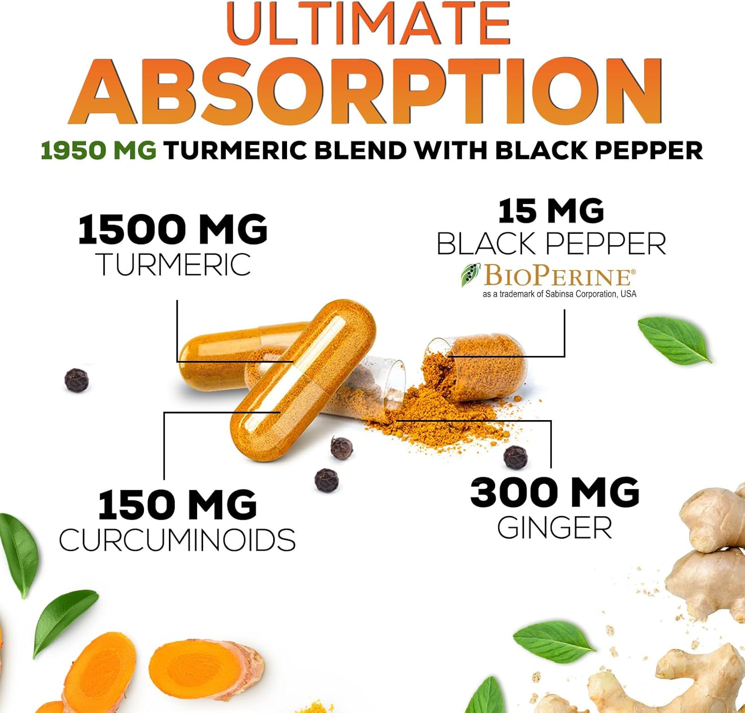 Turmeric Curcumin Supplement 1950mg - 95% Curcuminoids with Organic Turmeric & Ginger, BioPerine Black Pepper for Best Absorption, Nature's Vegan Joint Support, Non-GMO, Bottled in USA - 120 Capsules