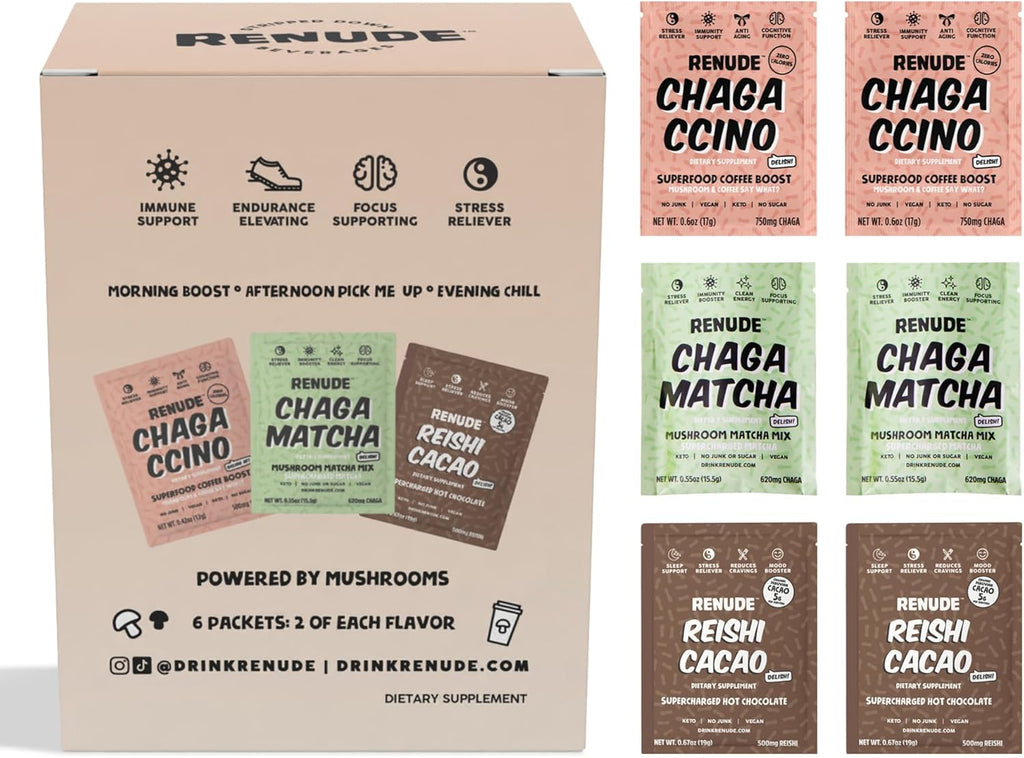 Renude Variety Pack - Mushroom Matcha, Coffee & Hot Chocolate, Cacao Powder, Natural Vegan Superfoods, Coffee Alternative with Chaga & Reishi - 2 Chagaccino, 2 Chaga Matcha, 2 Reishi Cacao (6 Count)
