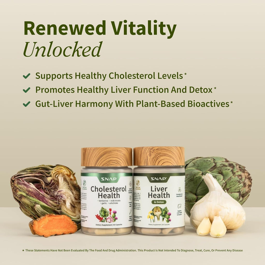 Snap Supplements Liver Health & Detox & Cholesterol Health Supplement Bundle Supports Heart, Liver, Digestive and Metabolic Health, 60 Vegetarian Capsules Each (2-Pack,1 Month Supply)