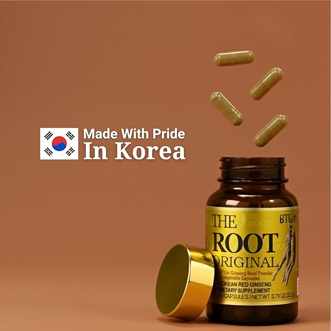 The Root Original Korean Red Panax Ginseng Supplement - 100% Whole Fine Root Powder with Natural Fiber & Minerals - Caffeine Free Stamina, Wellness & Immunity Support - 60 Capsules