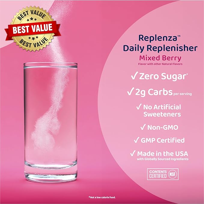 Replenza Daily Replenisher Nutritional Support Powder – Muscle Recovery, Digestive Health & Skin Elasticity Mix of Amino Acids, Prebiotics and Collagen Peptides – Mixed Berry Flavored, 30 Scoops