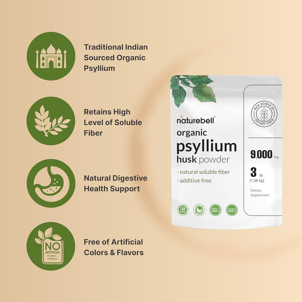 NatureBell Psyllium Husk Fiber Supplement, 9,000mg Per Serving, 3lb (48oz) Powder | Organic Soluble Fiber for Digestive & Gut Health | Plant-Based, Unflavored, Non-GMO, Gluten-Free