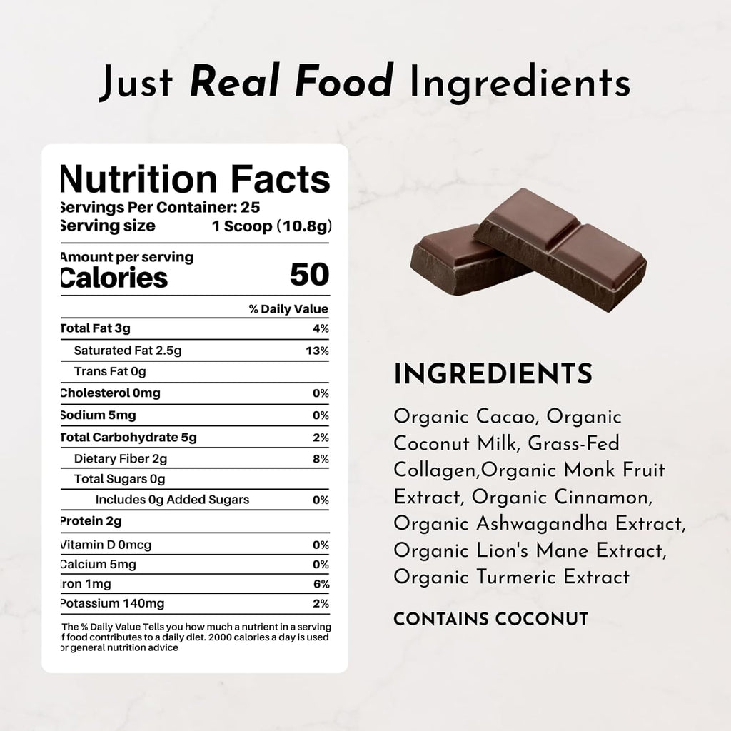 Superfood Hot Chocolate | 25 Servings | With Grass-fed Collagen, Organic Cacao, Cinnamon, Ashwagandha, Turmeric & Lion’s Mane | No Sugar Added | Supports Gut Health, Immunity & Cognitive Function*