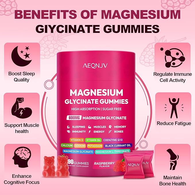 Magnesium Glycinate Gummies 600mg, High Absorption Magnesium Supplement, Sugar Free Chewables Gummies with L-Threonate, VitaminD & B6, CQ10 for Adults & Kids, Relax, Muscle & Zzz Support