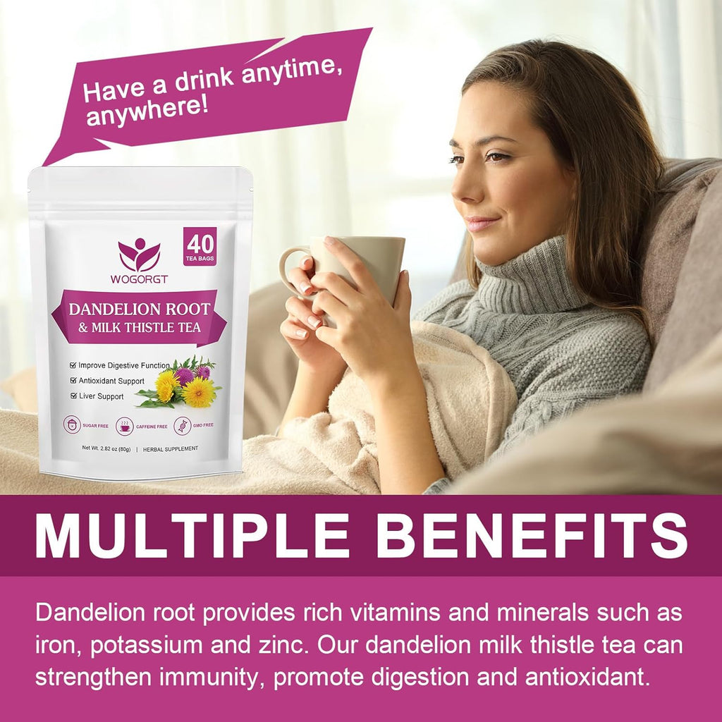Dandelion Root with Milk Thistle Tea Bags - Natural Dried Dandelion Root and Milk Thistle Herbal Tea bags for Liver Cleanse, Antioxidant and Immune Support, Caffeine Free - 40 Tea Bags