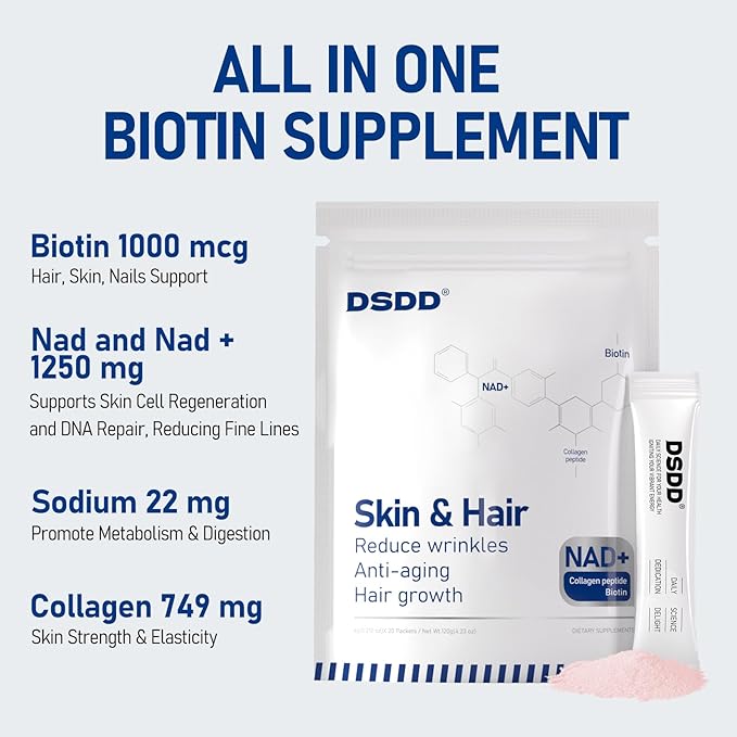 Biotin Supplement for Supports Healthy Hair, Skin & Nails, Hair Growth Vitamins for Women & Men with 1000mcg Biotin, 1000mg NAD, Collagen, Sodium, Non-GMO & No Gluten 20 Servings