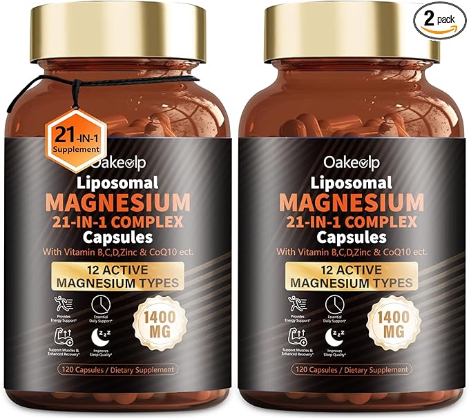 2 Packs Liposomal 12 Active Types Magnesium Complex 1400mg (Glycinate,Citrate,Malate etc) Capsule - with Vitamin D3, B6, B12, Ashwagandha & CoQ10 for Adult-Support Relaxation,Muscle & Heart
