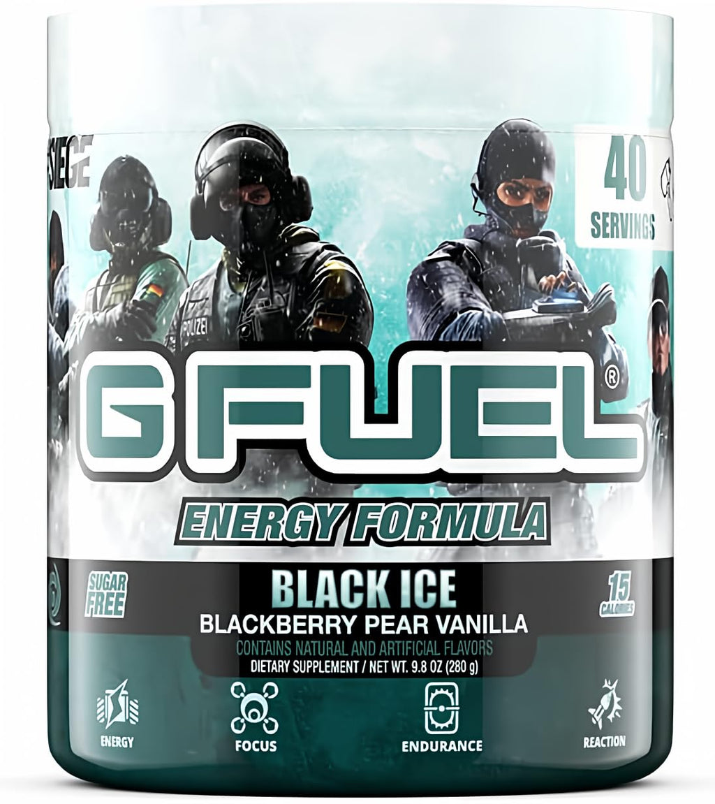 G Fuel Rainbow Six Energy Drink Powder, Pre Workout Caffeine Mix for Gaming, Sugar Free Focus Amino, Vitamin + Antioxidants, 9.8oz (Blackberry Pear Vanilla, 40 Servings)