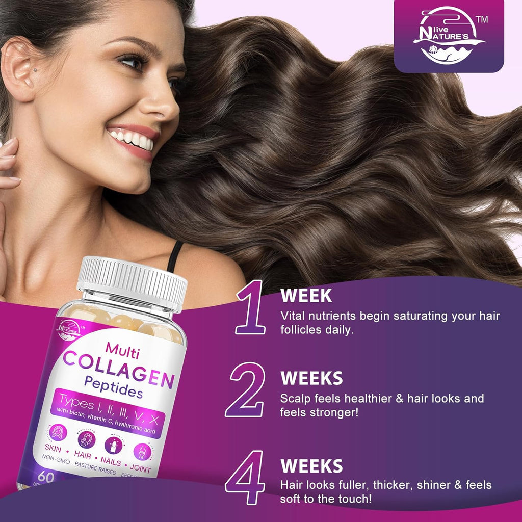 Multi Collagen Peptides Softgel - Type I, II, III, V, X - Hydrolyzed Collagen Peptides with Biotin, Vitamin C, Hyaluronic Acid, Supports Skin Hair Nail, Grass-Fed, Non-GMO, 60 Softgel, 3 Pack