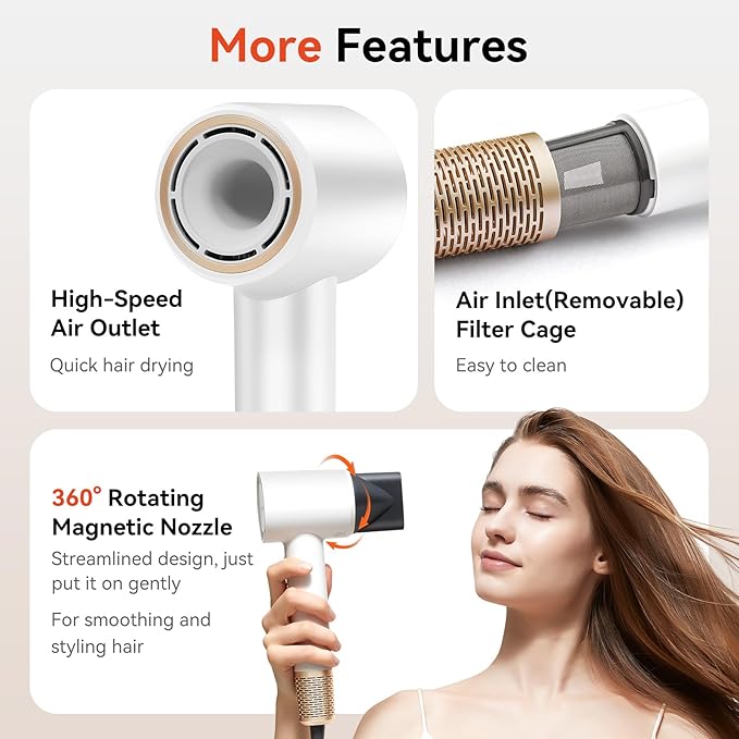 Fast Drying Hair Dryer, UP 160,000 RPM High-Speed 500M Negative Ions Brushless Blow Dryer for Shine & Frizz-Free Hair, Intelligent Thermo-Control, Lightweight Quiet Dryer with Nozzle