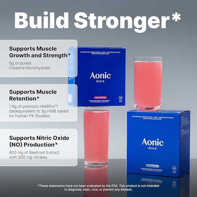AONIC Build 3-in-1 Creatine, HMBPro™ & Beetroot Formula | Vegan, Non-GMO Pre/Post-Workout Drink Mix – Unflavored (30 Sticks)