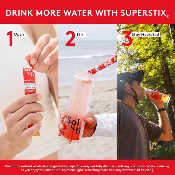 Organic Electrolytes + Hydration Drink Mix, Superfood Hydration Sticks, SuperStix by Sol-ti, Non-GMO, Vegan, Strawberry Lemon, 14 Single-Serving Sticks