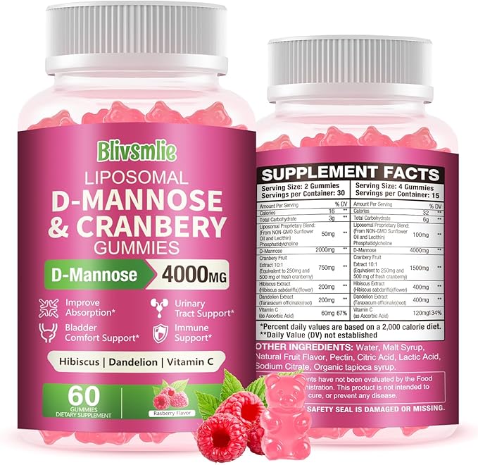 Liposomal D-Mannose Gummies 4000mg Complex Cranberry 1500mg & Hibiscus,High-Potency Formula for Women Urinary Tract & Immune Support,Liver, Bladder Flush Cleanse Wellness Supplement