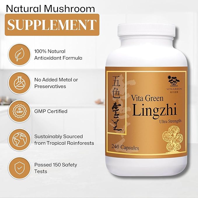 Vita Green Lingzhi Mushroom Supplement (五色靈芝) – Pure Reishi with Natural Antioxidants for Wellness, Energy, and Immune Support for Men & Women – 240 Capsules