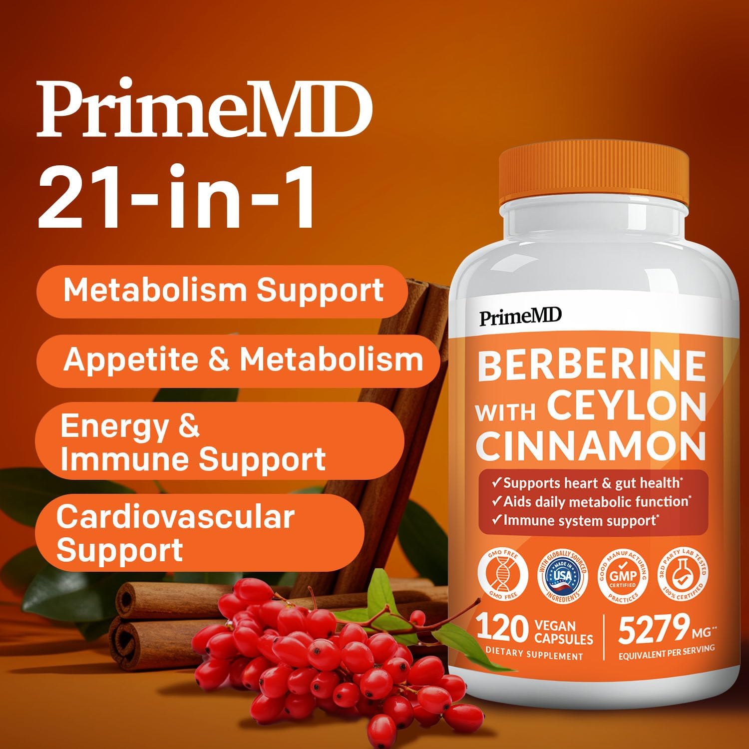 21-in-1 Berberine Supplement with Ceylon Cinnamon with Chromium, Bitter Melon and Green Tea Extract and Black Pepper Extract 5X for Energy & Metabolism Support with 5279 mg (120 ct, Pack of 4)