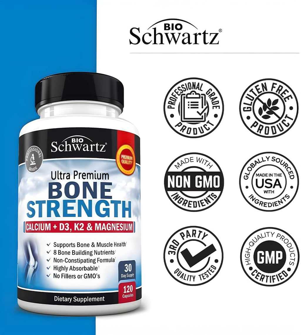 High Absorption Bone Strength Supplement - Gentle Non-Constipating Bone Health Supplement for Women & Men with 9-in-1 Complex with Calcium Magnesium Zinc D3 K2 & More - 3rd Party Tested - 1 Month