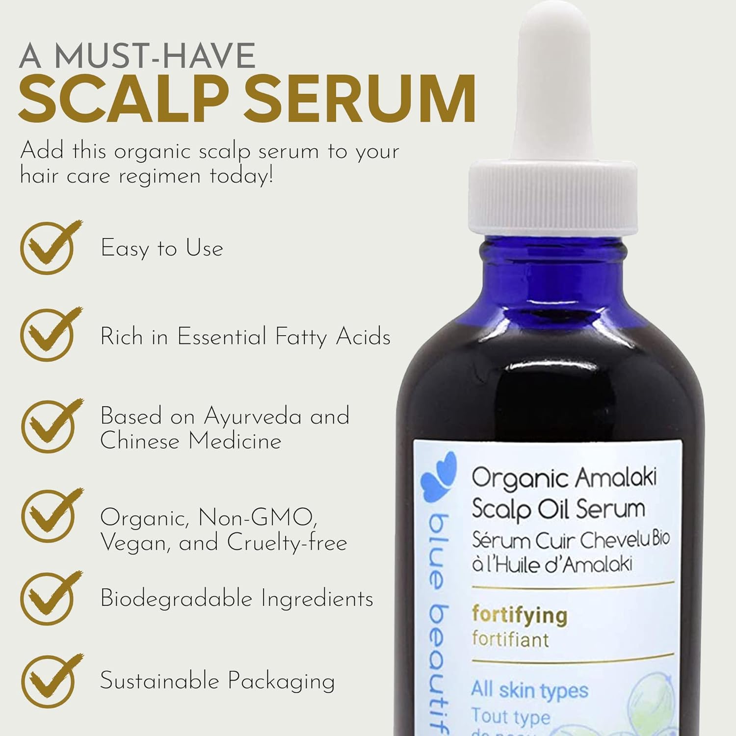 Blue Beautifly Organic Amla Oil for Scalp Serum - Strengthens Hair Follicles, Restores Growth, and Treats Dandruff-USDA Certified Organic - Enriched with Rosemary Oil and Ayurvedic Herbs - 4 fl oz