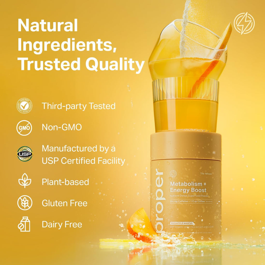 Proper, The Yellows Metabolism and Energy Boost, Sugar Free Energy Drink Powder with 100mg Caffeine. No Creatine or Beta-Alanine. 30 Servings, Pineapple Mango Drink Mix for Men and Women