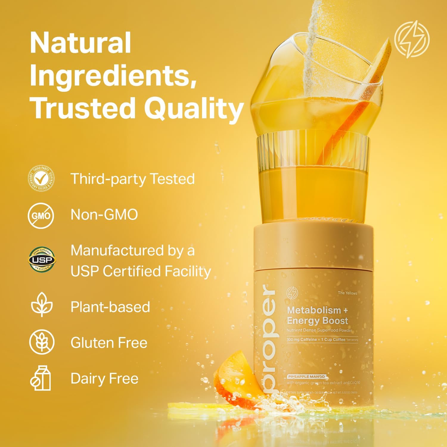 Proper, The Yellows Metabolism and Energy Boost, Sugar Free Energy Drink Powder with 100mg Caffeine. No Creatine or Beta-Alanine. 15 Servings, Pineapple Mango Drink Mix for Men and Women