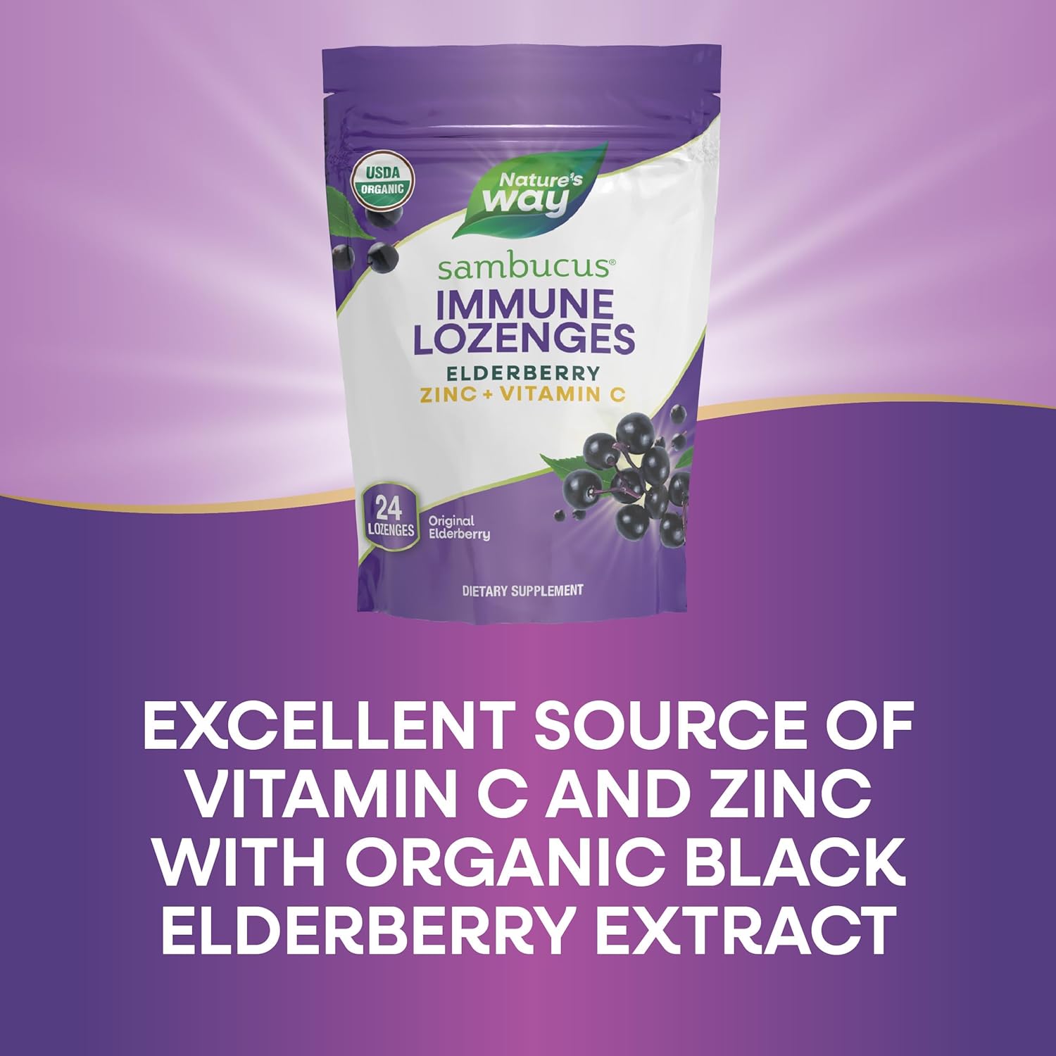 Nature's Way Sambucus Immune Lozenges, Zinc + Vitamin C, Black Elderberry Extract, USDA Certified Organic, Original Berry Flavored, 24 Lozenges (Packaging May Vary) - 3 Pack