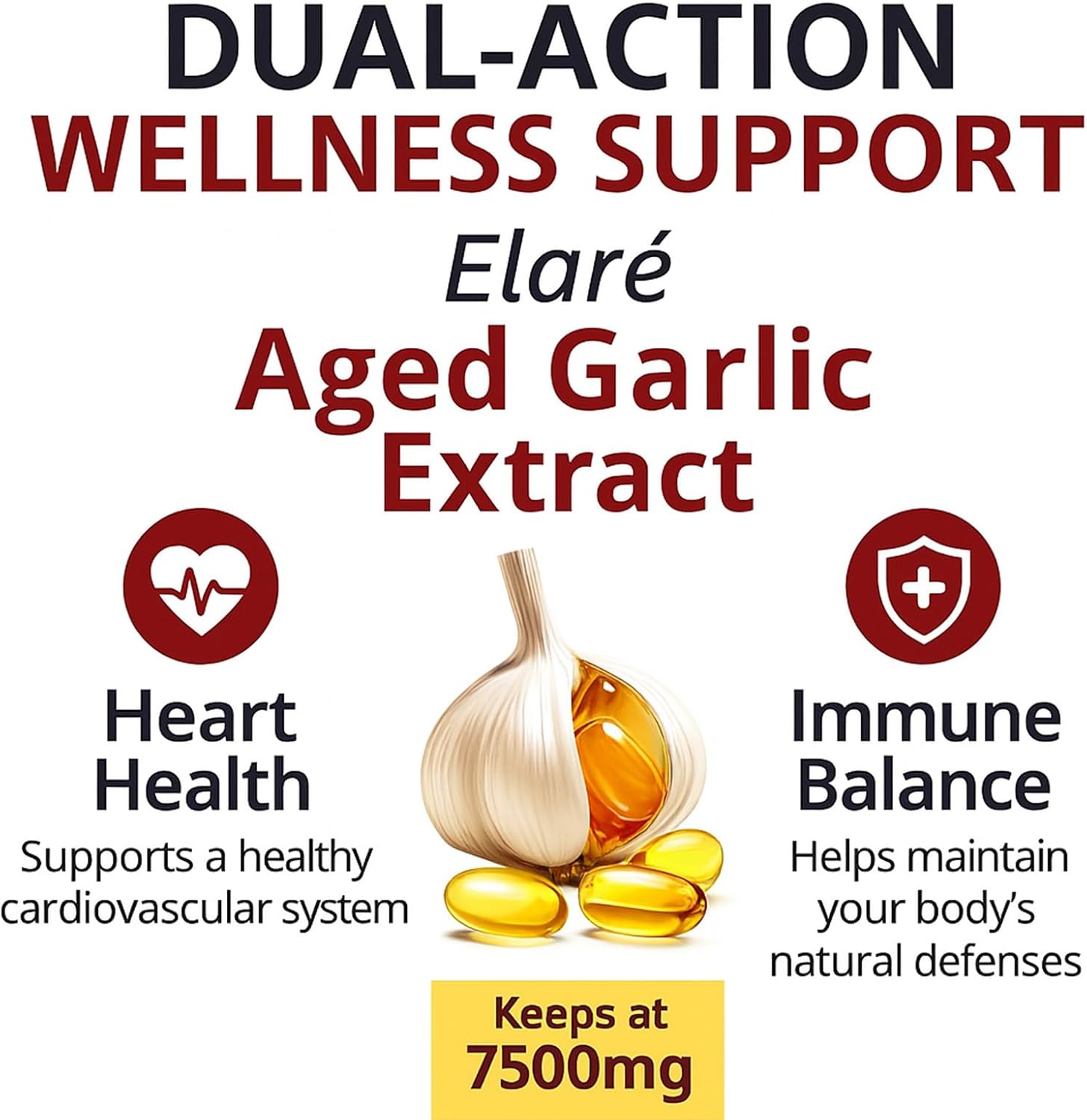 Elare Aged Garlic Extract – 300 Count 7500mg Odorless Organic Garlic Supplement for Heart & Immune Support – Vegetarian, Non-GMO, All-Natural Softgels, 2-Year Matured for Antioxidant Wellness