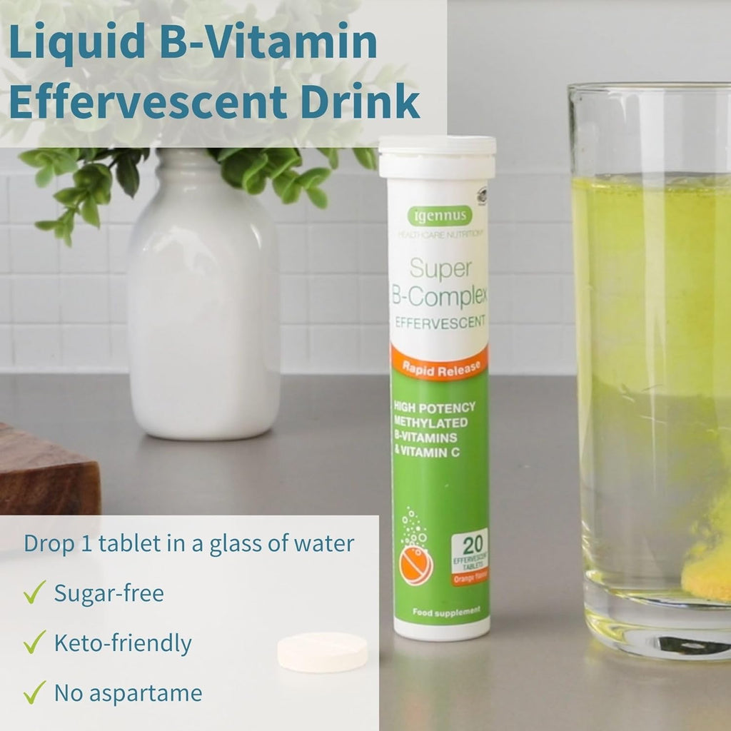 Super B-Complex Liquid B-Vitamin Effervescent Drink, Methylated, Fast Action Energy Supplement, Caffeine-Free, Sugar-Free, Orange Flavor, Vegan, 120 Effervescent Tablets, by Igennus