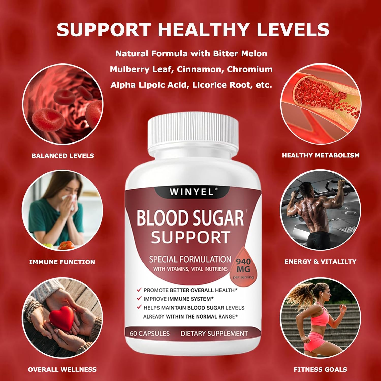 Blood Sugar Complex Supplement - with Cinnamon, Bitter Melon, Chromium, Mulberry, Alpha Lipoic Acid, 60 Capsules