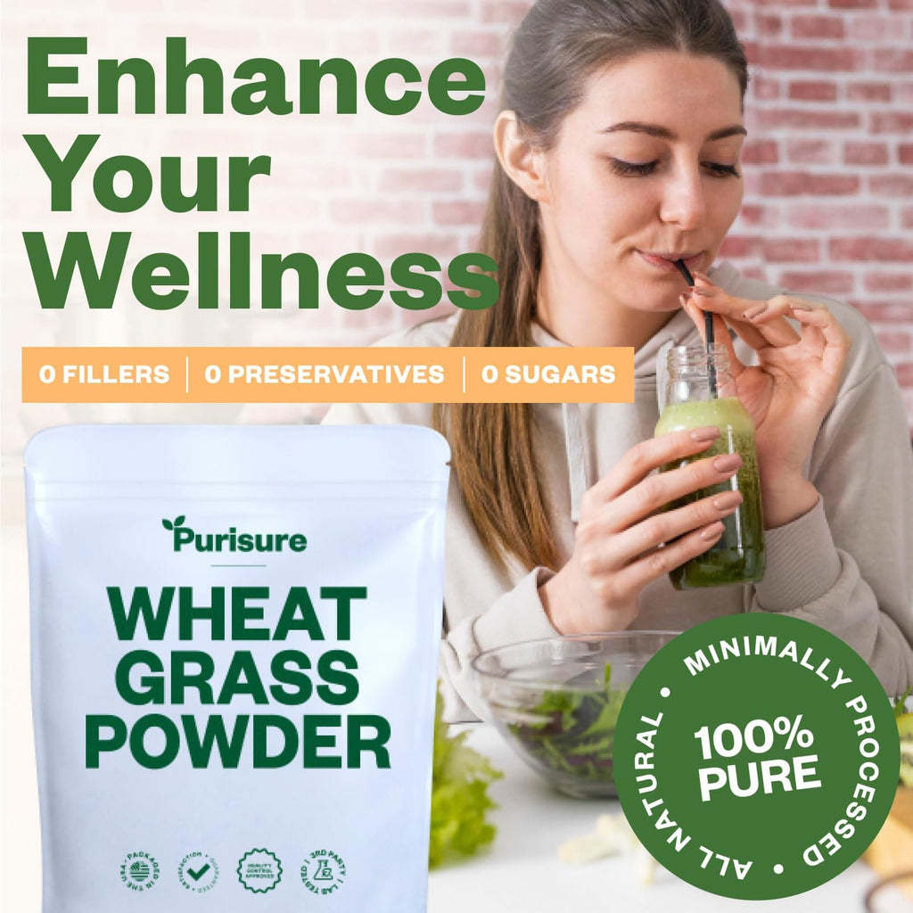 Purisure Wheatgrass Powder, 8oz, Wheat Grass Powder, Green Superfood for Salads, Smoothie and Shakes, Superfood Powder Rich in Immunity Vitamins, Fiber and Minerals, 76 Servings