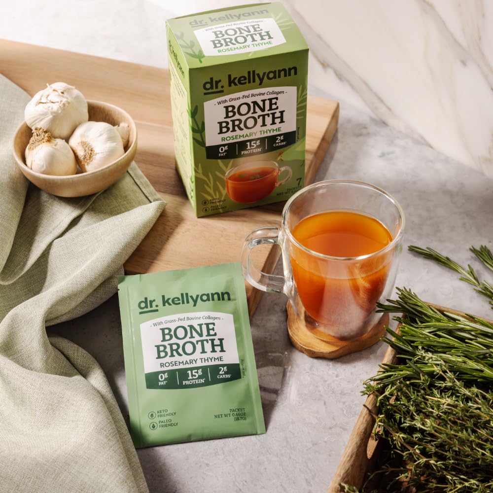 Dr. Kellyann Rosemary Thyme Bone Broth Packets (7 Servings) – 16g Protein, Grass-Fed Collagen, Keto & Paleo-Friendly, 1 Box