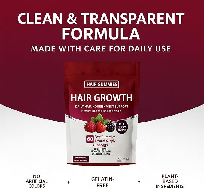 Lumin Hair Growth Gummies – Daily Hair Nourishment with Biotin, Collagen & Botanical Extracts – Supports Thicker, Stronger & Healthier-Looking Hair – Mixed Berry Flavor, 60 Gummies (1)