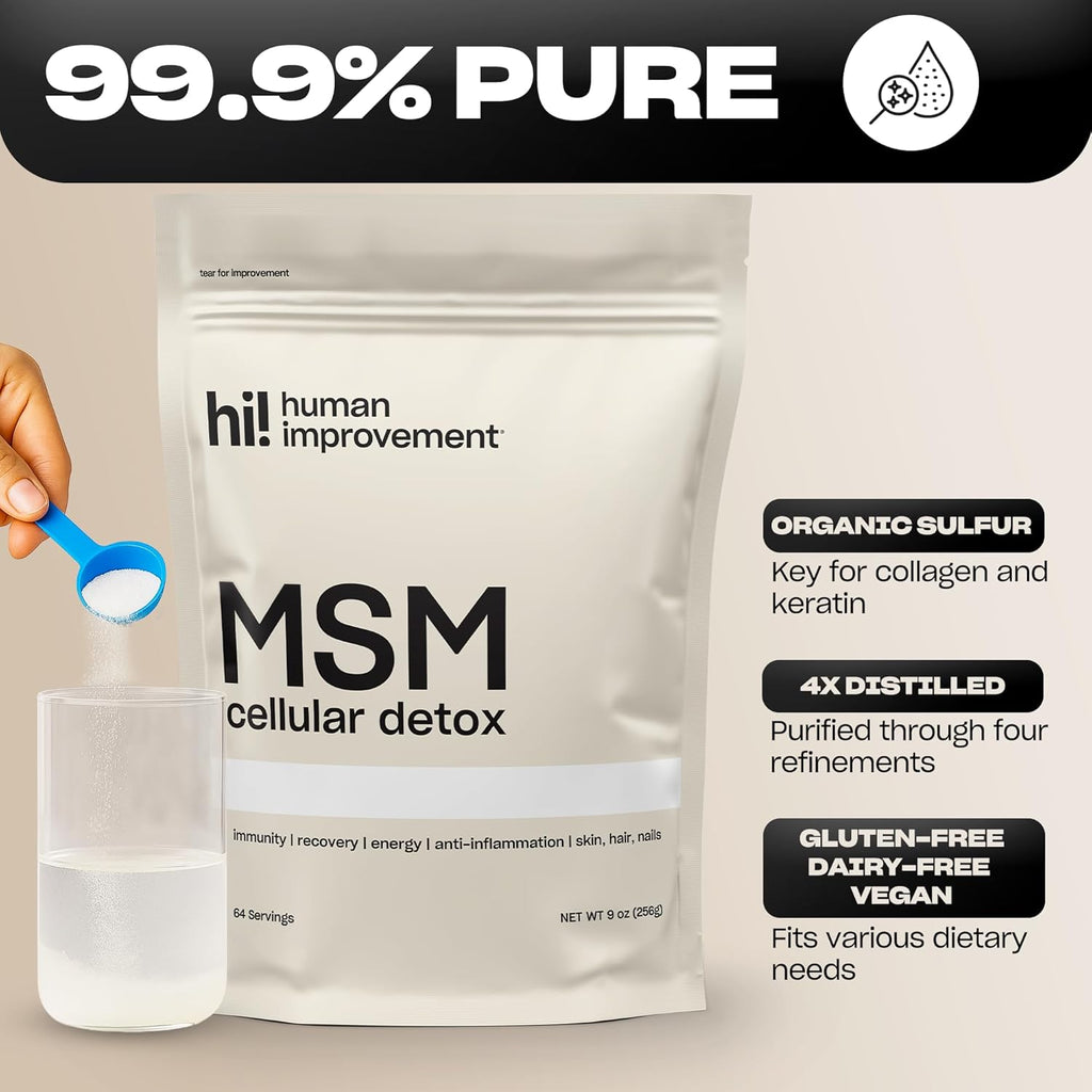 Pure MSM Powder | Organic Sulfur Powder for Skin, Hair, and Nails | Cellular Detox, Joint Health, Immune Boost, & Increased Energy | 99.9% Pure MSM Supplement | Made in the USA, 0g Sugar (64 Servings)