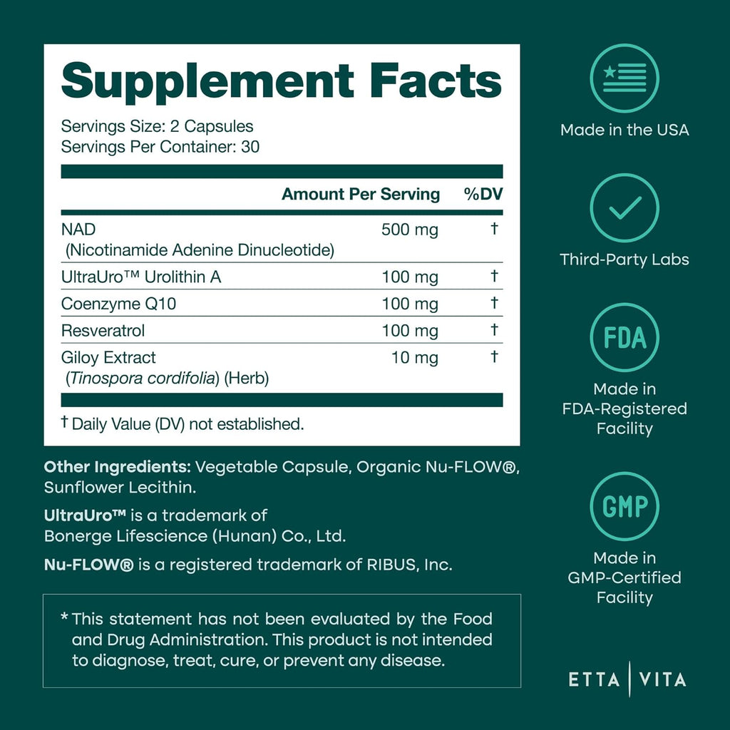 Liposomal NAD+ Supplement 500mg with Urolithin A, CoQ10, Resveratrol & Giloy (Made in USA), NAD Supplement for Cellular Energy, Cognitive, Anti-Aging & Detox Support - 3rd Party Tested Vegan, Non-GMO