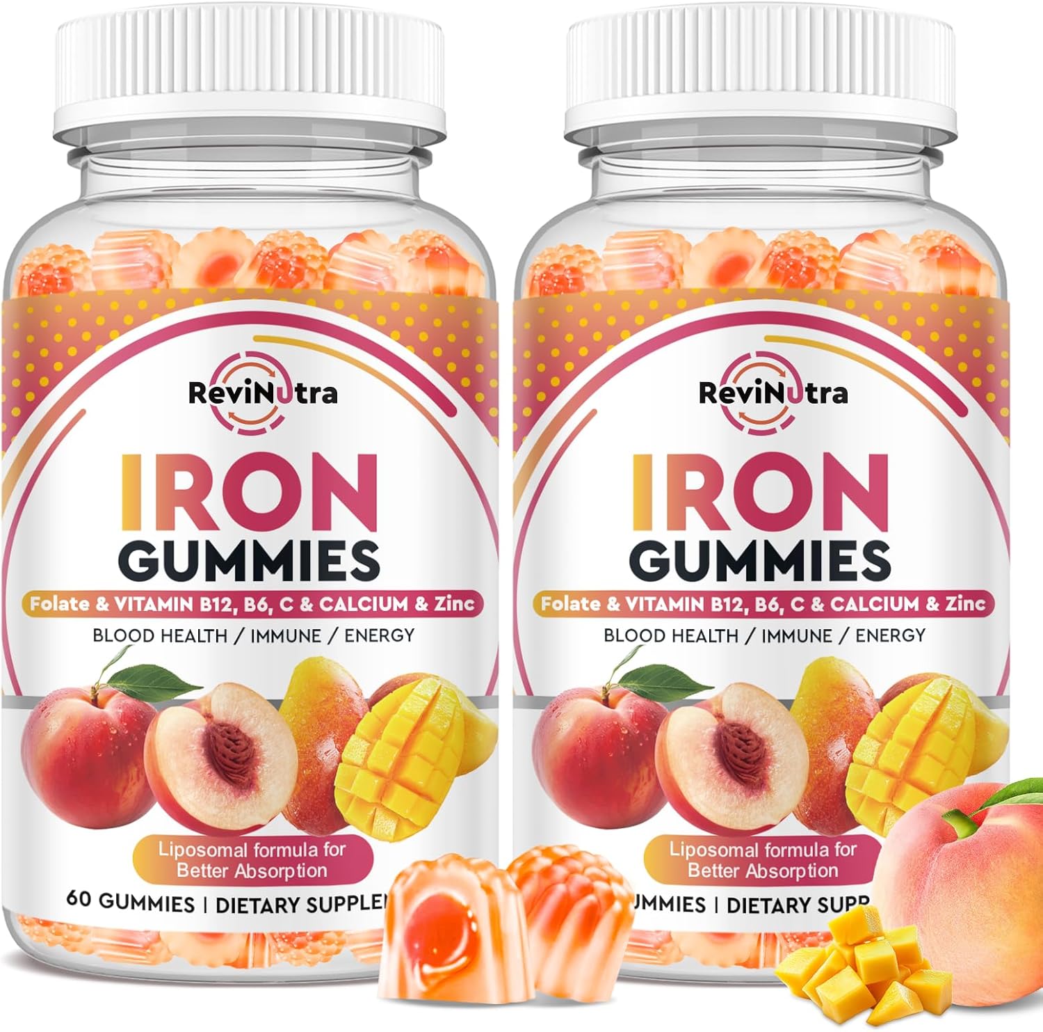 Iron Supplement Gummies for Adults & Kids - with Calcium, Zinc, Folate & Multivitamin - Blood Builder & Energy Support & Immune Health for Iron Deficiency, Anemia, Vegan -Peach & Mango Flavor,120ct