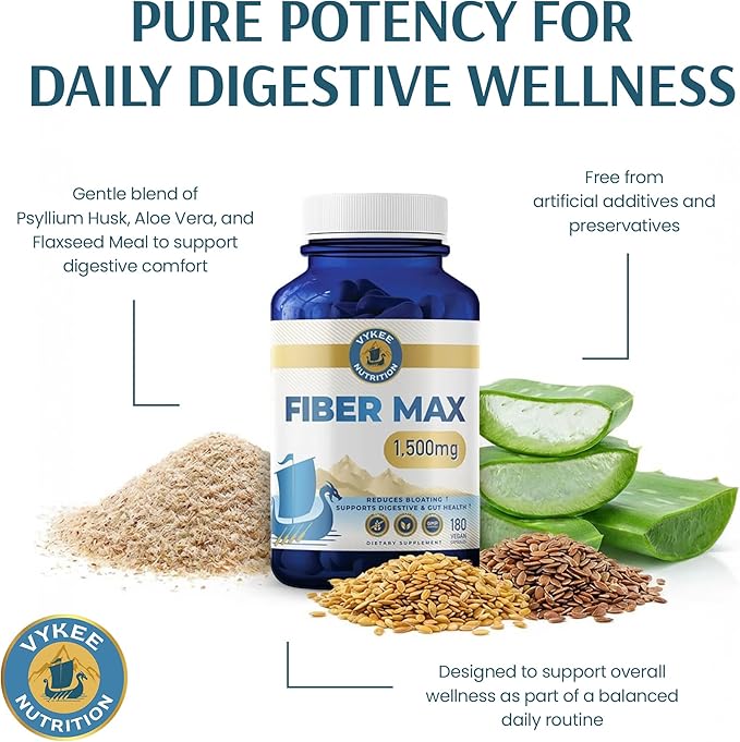 Vykee Nutrition Advanced Fiber Complex – Psyllium Husk, Aloe Vera, Chia & Flax Seed | Vegan, Non-GMO | Supports Digestive Health, Regularity & Gut Wellness | 180 Capsules