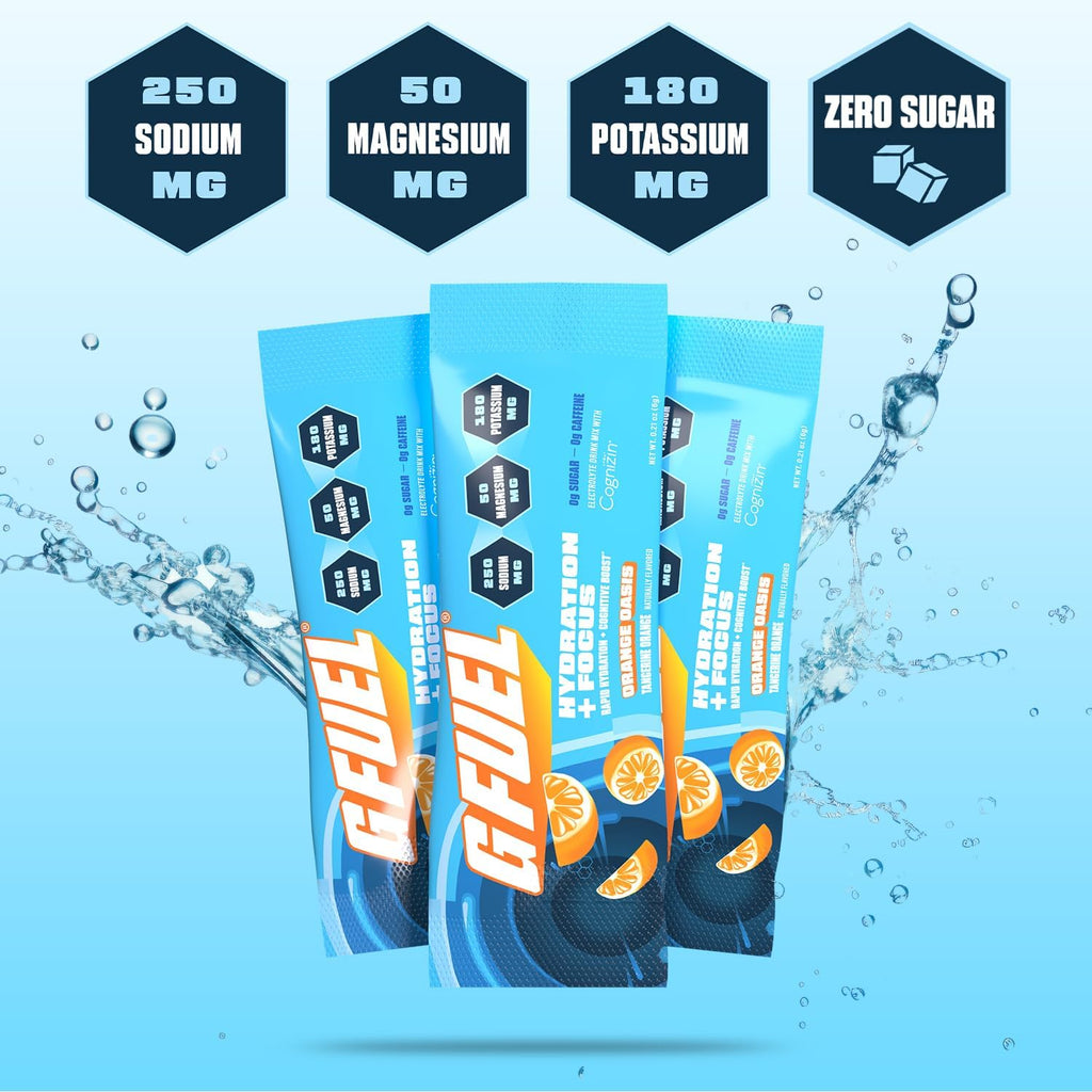 G Fuel Electrolytes Powder for Instant Hydration and Focus | Sugar Free, Orange Oasis Flavor, Electrolyte and Nootropic Drink Mix to Sharpen Mental Focus, 20 Servings
