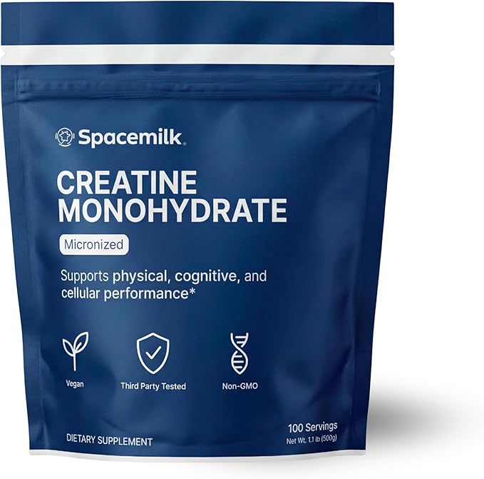 Spacemilk Vegan Non-GMO Creatine Monohydrate Micronized Powder, Unflavored, 5g Serving, 100 Servings