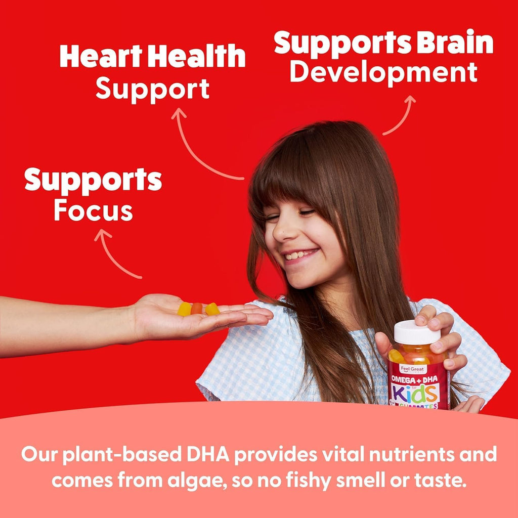 Feel Great Vitamins Kids DHA Gummies with Omega 3 6 9, Vitamin C (2-Pack) | Supports Healthy Brain Function, Vision & Heart Health | Gluten Free, Vegetarian | 60 Gummies
