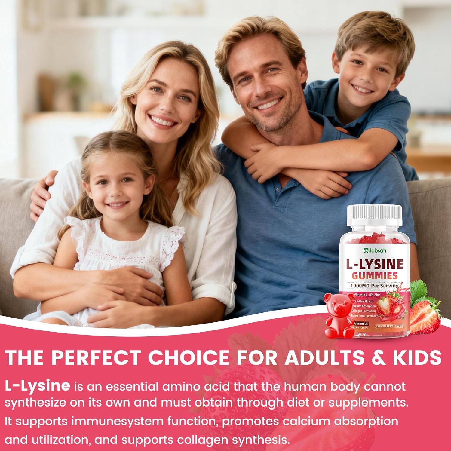 L-Lysine Gummies 1000 mg for Kids and Adults, L-Lysine Supplements with Vitamin C, B2 for Lips & Oral Health, Immune Support & Collagen & Calcium- Vegan, Non GMO, Strawberry Flavor, 120 Count