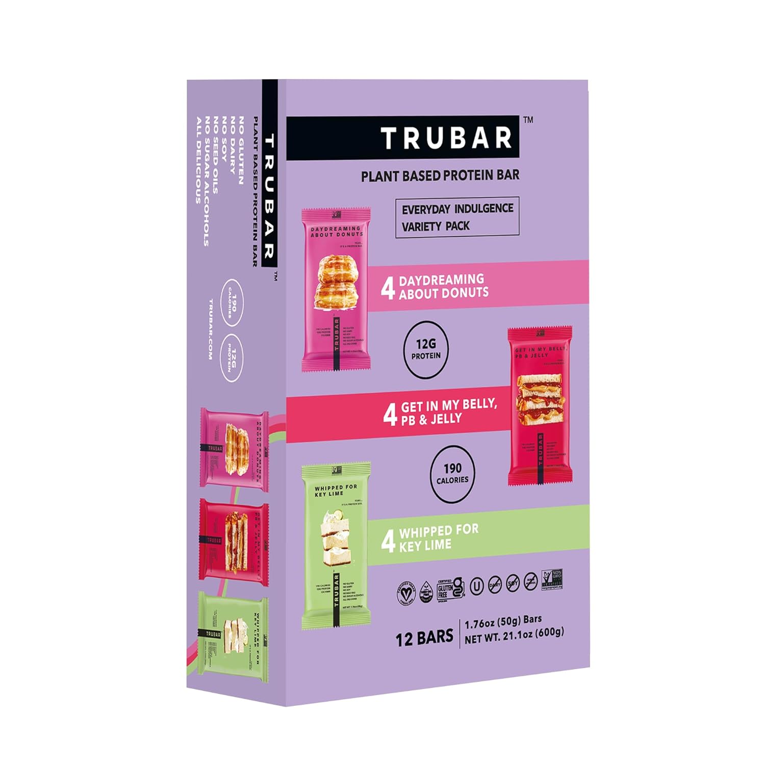 TRUBAR Vegan Protein Bar Variety Pack, Assorted Flavors, Donuts, PB & Jelly, Key Lime, Gluten Free, Vegan Protein Snacks, 12G Plant-Based Protein, High Fiber, Healthy Protein Bars, 12 CT