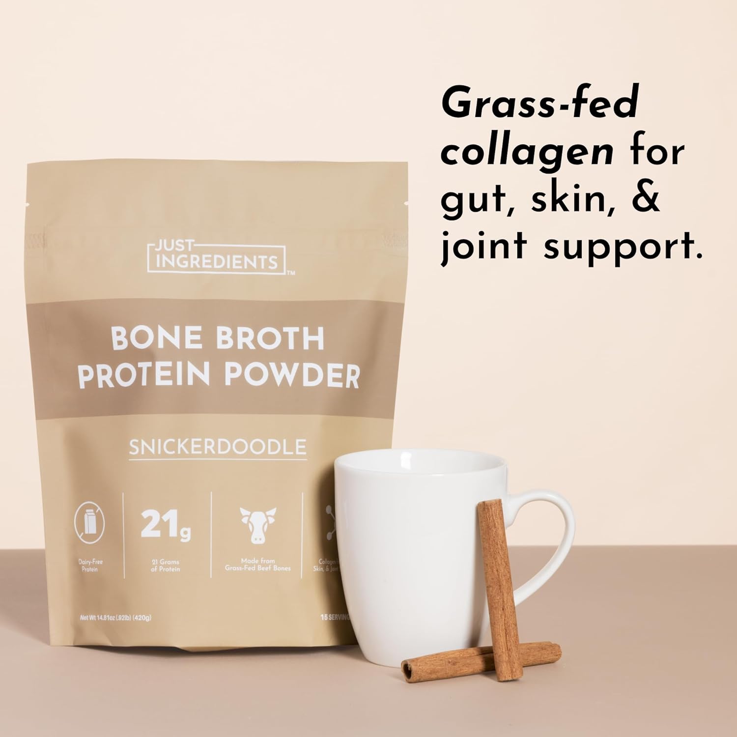 Bone Broth Protein Powder – Snickerdoodle | 15 Servings | 21g Grass-Fed Protein per Serving | Dairy-Free | Collagen for Gut, Skin & Joint Support | Made with Real Food Ingredients