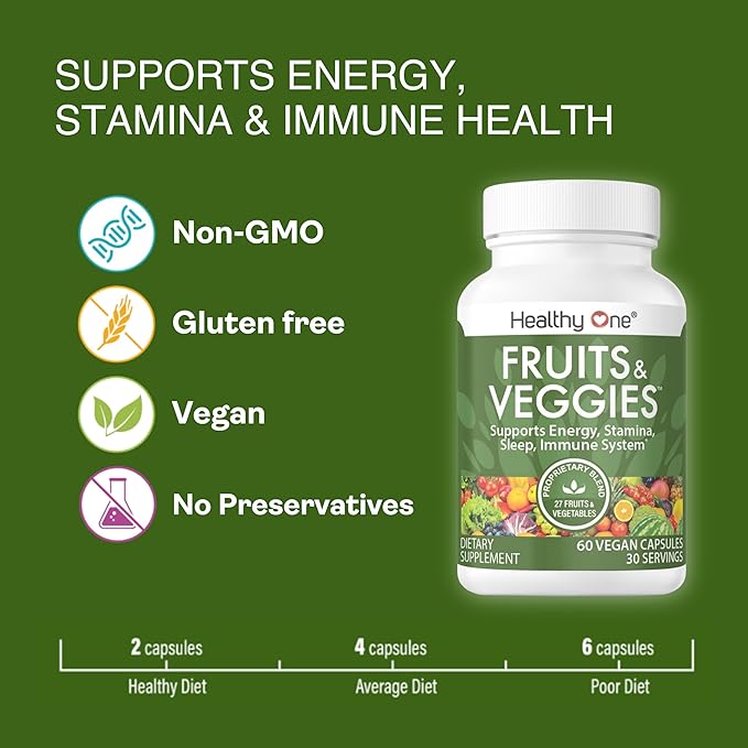 Fruits & Veggies Formula - 27 Premium Whole Foods - Organic Ingredients - Equals 3 Servings of Fruits & Vegetables - Improve Energy, Focus & Immune Function - Fiber - Antioxidants - 60ct (30 Serv)