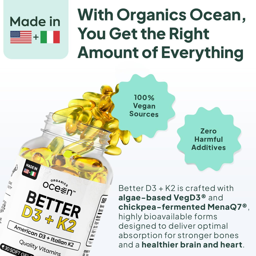 Better D3 + K2-100% Organic VIT D3 and K2 Supplements with Maximum Bioavailability - Supports Bone Density, Calcium Balance, Immunity & Mood - 1-Pack, 30-Day Supply
