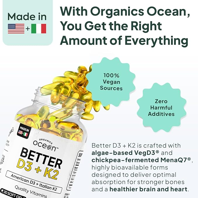 Organics Ocean Better D3 + K2-100% Organic VIT D3 and K2 Supplements with Maximum Bioavailability - Supports Bone Density, Calcium Balance, Immunity & Mood - 4-Pack, 120-Day Supply